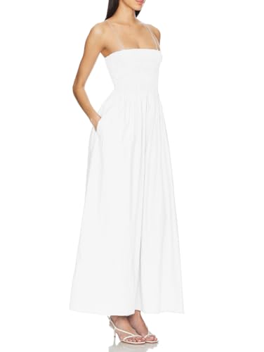 Women Detachable Strap Dress Strapless Smocked Bodice Maxi Dress Pockets Long Swing Flowy Beach Sundress 373