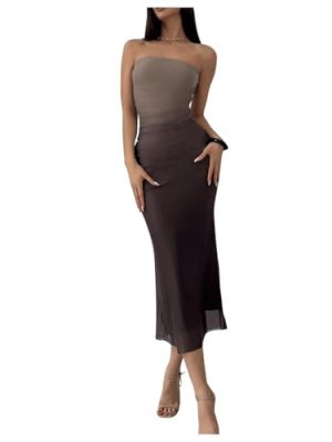 21qkiA35bNL.jpg Women's Mesh Strapless Ruched Bodycon Maxi Dress Wedding Guest Prom Cocktail Summer Y2k Long Tube Dresses