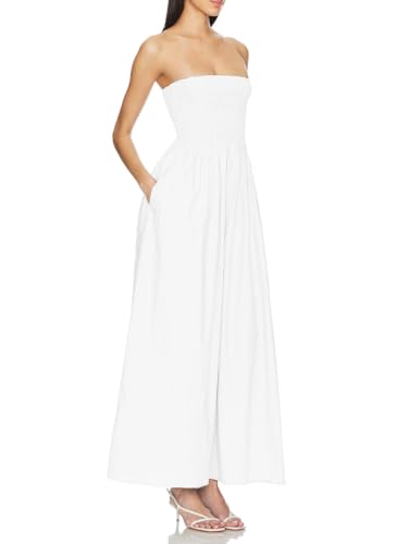 Women Detachable Strap Dress Strapless Smocked Bodice Maxi Dress Pockets Long Swing Flowy Beach Sundress 373
