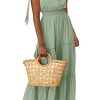 Women's Cross Neck Summer Sleeveless Tiered Maxi Dress Beach Tie Strap Smocked Long Dresses Pleated Sundress