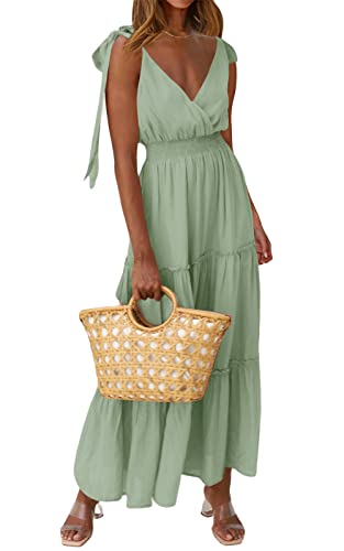 Women's Cross Neck Summer Sleeveless Tiered Maxi Dress Beach Tie Strap Smocked Long Dresses Pleated Sundress