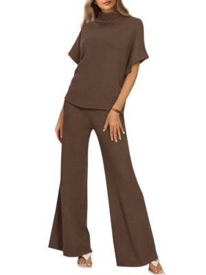 Womens 2 Piece Lounge Sets Casual Batwing Short Sleeve Knit Sweater Loose Wide Leg Pants Travel Outfits