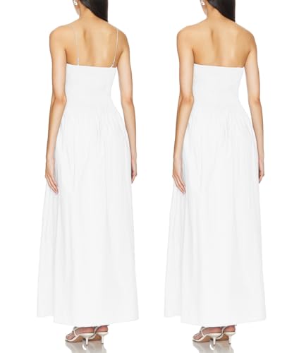 Women Detachable Strap Dress Strapless Smocked Bodice Maxi Dress Pockets Long Swing Flowy Beach Sundress 373