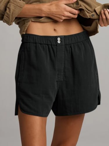 Womens Summer Cotton Shorts Casual Elastic High Waisted Pleated Cute Trendy Comfy Beach Pants