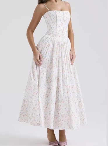 Women's Casual Bohemian Floral Printed Strapless Backless Beach Party A-Line Flowy Long Maxi Dress Summer