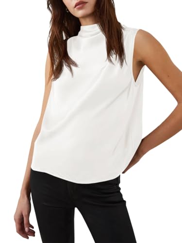 Womens Mock Neck Satin Tank Tops Business Casual Work Ruched Blouses Summer Corporate Outfits