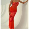 312Cxc2lW4L.jpg Women's Floral Twist Front Mesh Tube Dress Elegant Strapless Fishtail Maxi Dresses