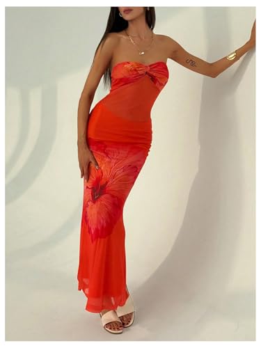 312Cxc2lW4L.jpg Women's Floral Twist Front Mesh Tube Dress Elegant Strapless Fishtail Maxi Dresses