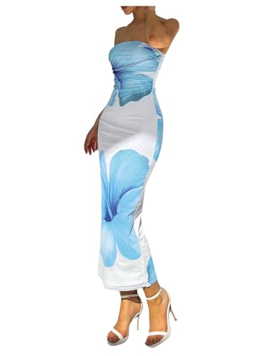 Women's Floral Strapless Bodycon Maxi Dress Summer Tube Top Dresses