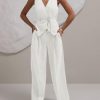 Women's 2 Piece Outfits Sleeveless Tie Waist Suit Vest and Wide Leg Pants Business Casual Blazer Sets
