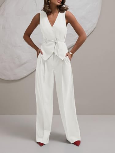 Women's 2 Piece Outfits Sleeveless Tie Waist Suit Vest and Wide Leg Pants Business Casual Blazer Sets