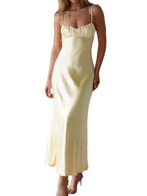 Satin Spaghetti Strap Backless Ruched Twist Cocktail Dresses for Women Silk Open Back Cut Out Midi Dress Wedding Guest