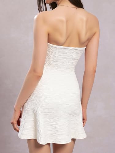 Women's Strapless Cut Out Mini Dress Metal Flower Textured Fitted Tube Bodycon Dress