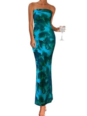 Womens Summer Printed Tube Maxi Dress Strapless Bodycon Sleeveless Night Out Long Dresses