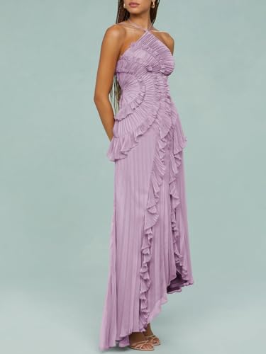 Women Chic Pleated Halter Neck Long Strapless Lotus Edge Vacation Maxi Dress