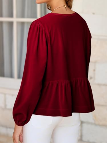 Womens Cute Tie Front Peplum Velvet Tops Puff Long Sleeve Babydoll Shirts Casual Blouses 2025 Fall Outfits