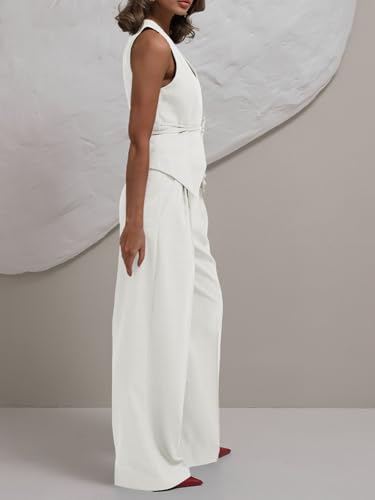 Women's 2 Piece Outfits Sleeveless Tie Waist Suit Vest and Wide Leg Pants Business Casual Blazer Sets