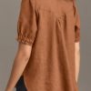 Womens Puff Short Sleeve Button Down Shirts Summer Casual Collared V Neck Blouse Linen Loose Fit Work Tops
