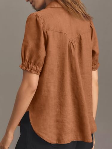 Womens Puff Short Sleeve Button Down Shirts Summer Casual Collared V Neck Blouse Linen Loose Fit Work Tops