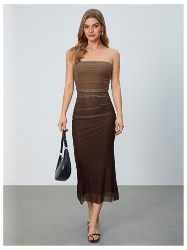 Women's Mesh Strapless Ruched Bodycon Maxi Dress Wedding Guest Prom Cocktail Summer Y2k Long Tube Dresses