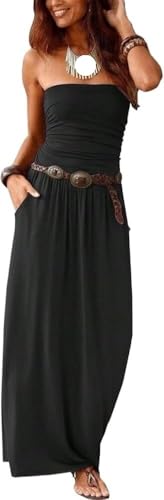 Womens Sexy High Waist A Line Solid Color Pleated Strapless Loose Summer Dress Casual