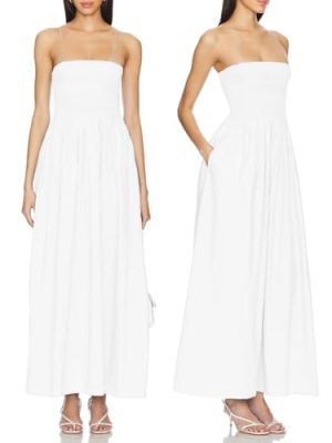 Women Detachable Strap Dress Strapless Smocked Bodice Maxi Dress Pockets Long Swing Flowy Beach Sundress 373