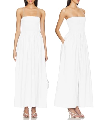 Women Detachable Strap Dress Strapless Smocked Bodice Maxi Dress Pockets Long Swing Flowy Beach Sundress 373