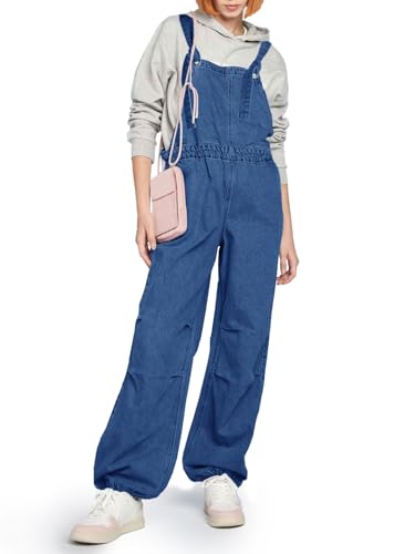Womens Baggy Denim Overalls Loose Fit Lantern Jogger Leg Jean Jumpsuit with Pockets