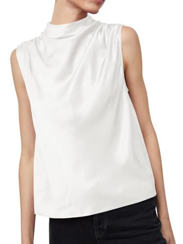 Womens Mock Neck Satin Tank Tops Business Casual Work Ruched Blouses Summer Corporate Outfits