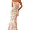 Women Strapless Floral Dress with Sarf Mesh Tube Maxi Dress Summer Cocktail Wedding Guest