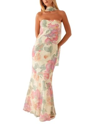 Women Strapless Floral Dress with Sarf Mesh Tube Maxi Dress Summer Cocktail Wedding Guest