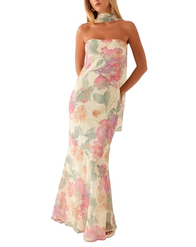 Women Strapless Floral Dress with Sarf Mesh Tube Maxi Dress Summer Cocktail Wedding Guest