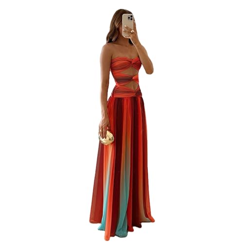 Women's Sexy Tie Dye Off Shoulder Maxi Dress Gradient Cut Out Strapless Flowy Sundress Beach Long Dresses