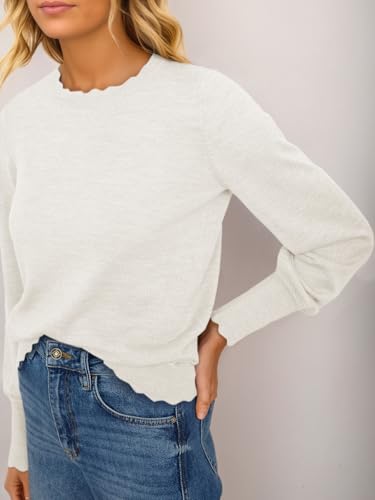 Womens Crew Neck Long Sleeve Sweater Trendy Casual Scallop Trim Fall Knit Lightweight Pullover Tops