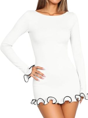Womens Ruffle Long Sleeve Mini Dress Bodycon Boat Neck Ribbed Knit Sweater Dresses Elegant Outfits