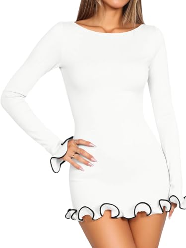 Womens Ruffle Long Sleeve Mini Dress Bodycon Boat Neck Ribbed Knit Sweater Dresses Elegant Outfits