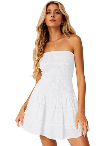 Summer Strapless Smocked Bodice Mini Dresses for Women Vacation Beach Boho Tube A-Line Dress with Pockets