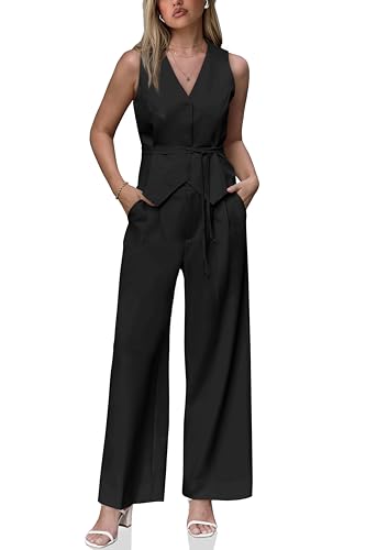 Womens Business Casual 2 Piece Outfits V Neck Sleeveless Tie Waist Blazer Vest Pleated Wide Leg Suits Pants Sets