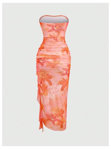 Women's Floral Print Strapless Bodycon Tube Top Dress Sleeveless Summer Wedding Guest Cocktail Sundresses