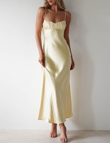 Satin Spaghetti Strap Backless Ruched Twist Cocktail Dresses for Women Silk Open Back Cut Out Midi Dress Wedding Guest