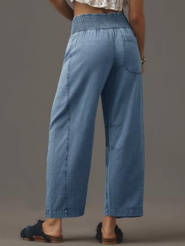 Womens Smocked Barrel Jeans Casual Trendy High Waisted Baggy Pull On Denim Pants