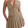 Womens Summer 2 Piece Outfits V Neck Blazer Vest Matching Sets and Mini Pleated Skirts