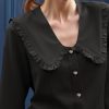 Womens Peter Pan Collar Shirts Summer Button Down Long Sleeve Tops Dressy Casual Cute Blouses Black