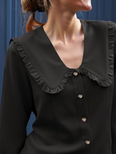 Womens Peter Pan Collar Shirts Summer Button Down Long Sleeve Tops Dressy Casual Cute Blouses Black