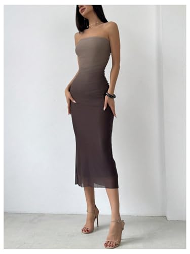 Women's Mesh Strapless Ruched Bodycon Maxi Dress Wedding Guest Prom Cocktail Summer Y2k Long Tube Dresses