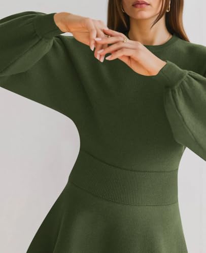 Womens Puff Long Sleeve Sweater Dresses Casual Trendy A-Line Short Mini Dress Fall High Waisted Skater Dress
