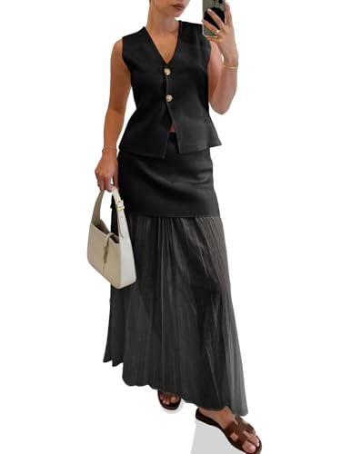 Womens Summer 2 Piece Outfits V Neck Sleeveless Blazer Waistcoat and Mesh Maxi Skirt Suit Sets