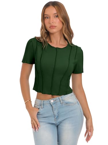 Womens Short Sleeve Crop Tops Summer Fitted Ribbed Knit Tee Shirts Trendy Casual Y2k Going Out Shirts