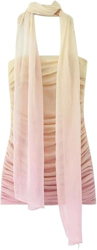 Women's Gradient Tie Dye Halter Scarf Dress Strapless Backless Ruched Summer Party Bodycon Dresses