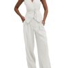 Women's 2 Piece Outfits Sleeveless Tie Waist Suit Vest and Wide Leg Pants Business Casual Blazer Sets
